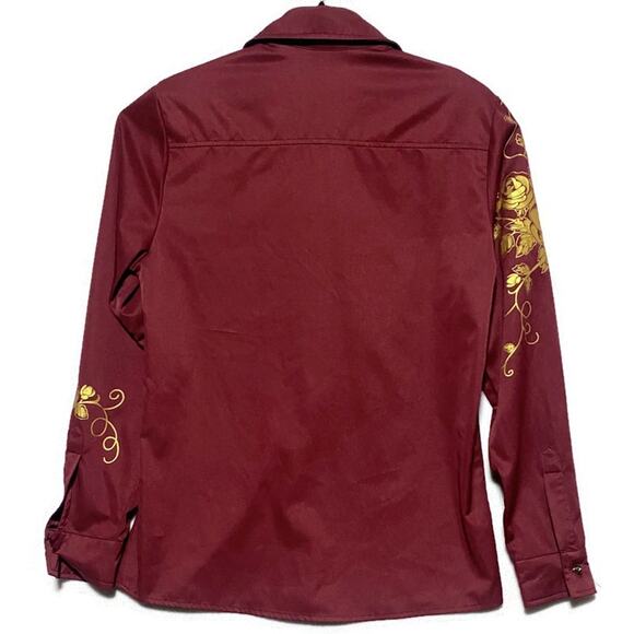 Zeroyaa Embroidered Shirt Men's Small Burgundy Red Snap Buttons Long Sleeve - Picture 2 of 9